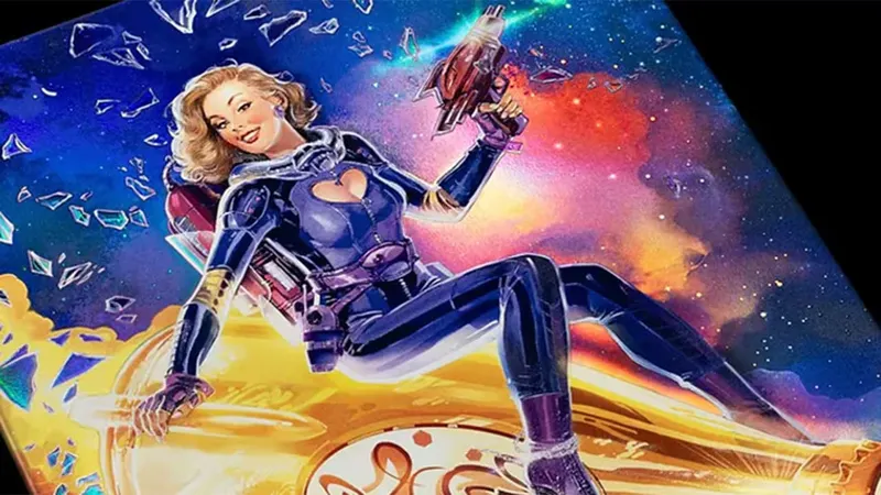 Primo piano del poster metallico Nuka-Cola Quartz: una donna bionda in tuta spaziale blu impugna una pistola futuristica su uno sfondo stellato multicolore.