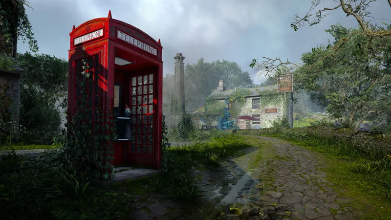 Chemin de village sur Midsummer Isle avec une cabine téléphonique rouge comme repère