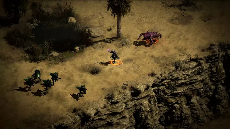 Warlock combattant dans une zone désertique avec des démons alliés pendant une progression Demon