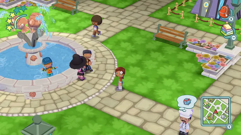 Parc coloré de MySims avec des habitants près d’une fontaine