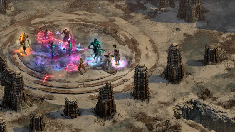 Arène des Colossal Ancients de Diablo 2 Reign of the Warlock avec plusieurs héros face à trois boss