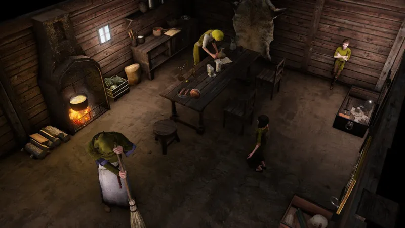Intérieur modeste de The Guild 3 avec plusieurs personnages au travail dans une production familiale