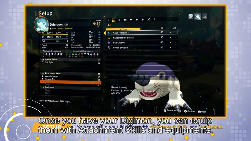 Menu Setup de Digimon Story Time Stranger avec les Attachment Skills de Drimogemon