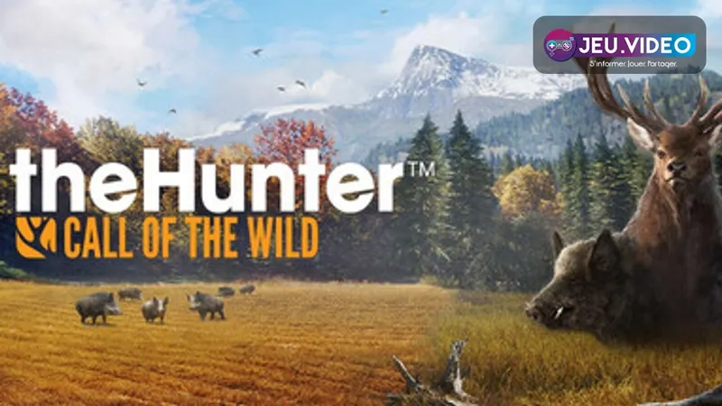 Illustration officielle de theHunter: Call of the Wild montrant un chasseur observant un cerf dans une réserve ouverte.