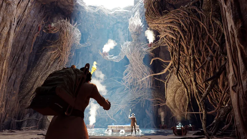 Jugadores de Nightingale reunidos en una zona de combate para comprobar la conexión cooperativa entre Steam y Epic