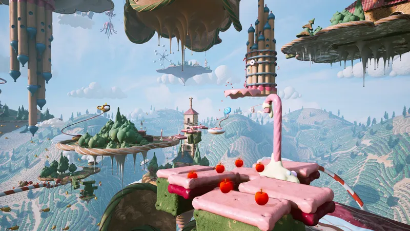 Plateformes suspendues avec pommes rouges dans Atomic Heart Trapped in Limbo et repères visuels de navigation
