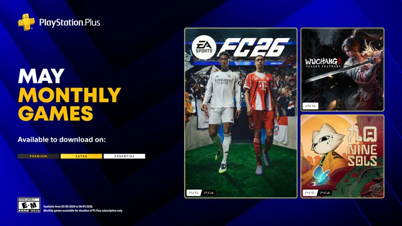 Bannière officielle PlayStation Plus de mai 2026 avec EA Sports FC 26, Wuchang Fallen Feathers et Nine Sols