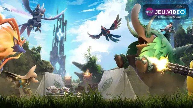 Visuel officiel de Palworld montrant un personnage et ses Pals dans un environnement ouvert, adapté à la préparation d'une première base