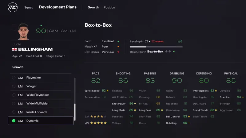 Écran des plans de développement dynamiques de EA SPORTS FC 26 avec Jude Bellingham dans un rôle box-to-box.
