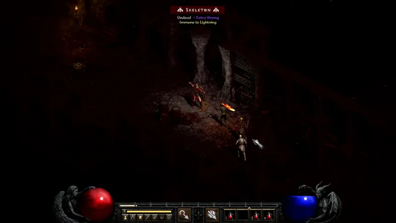Diablo II Saison 14 montrant un combat sombre dans un donjon