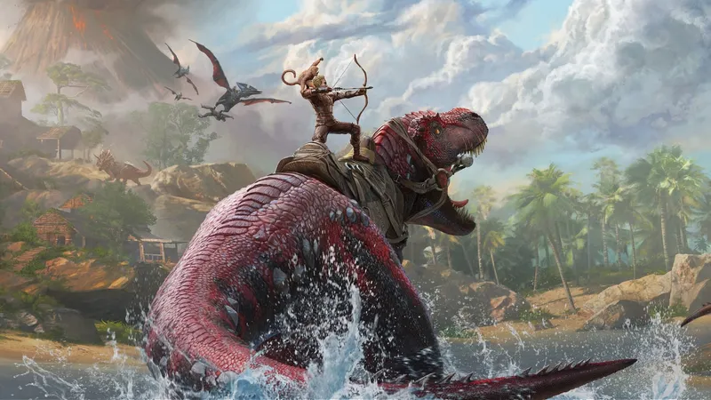 ARK Survival Ascended avec logo officiel, dinosaures et survivants en monde ouvert