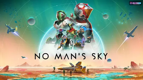 Visuel officiel de No Man’s Sky avec voyageurs, vaisseaux et planètes pour un guide d’argent et de progression