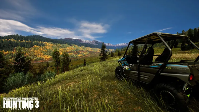 Véhicule tout terrain Kawasaki Teryx dans Hunting Simulator 3 arrêté avant une approche à pied vers une vallée