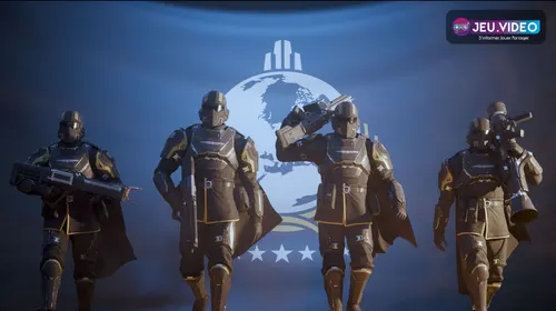 Image officielle Helldivers 2 montrant une escouade prête pour une partie crossplay entre PC PS5 et Xbox