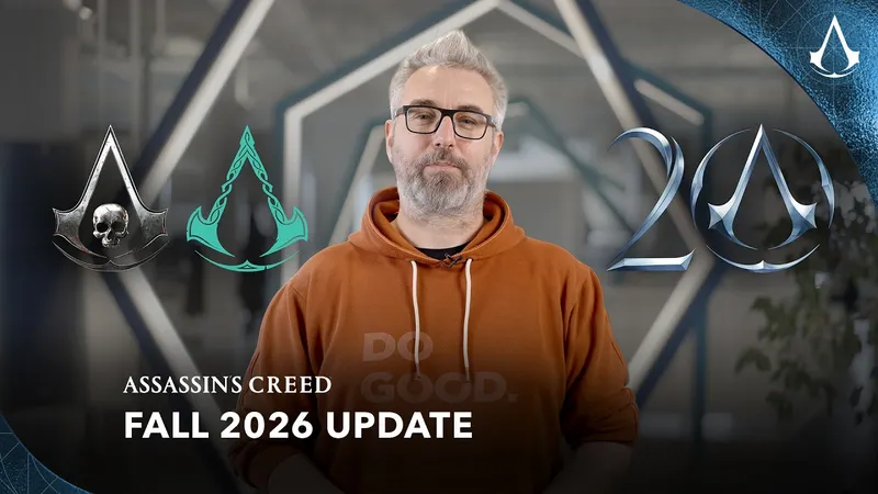 Un homme en sweat orange devant plusieurs emblèmes Assassin’s Creed et la mention « Fall 2026 Update ».