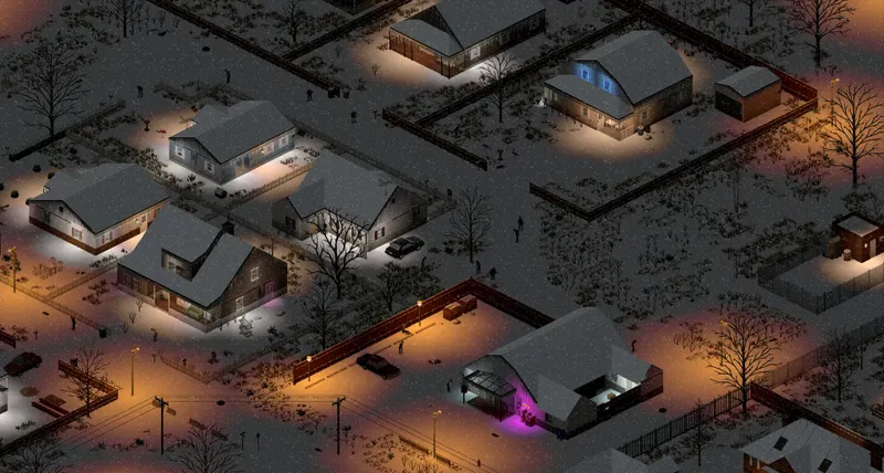 Personnage de Project Zomboid explorant une zone urbaine pour repérer les bâtiments et les dangers avant de progresser