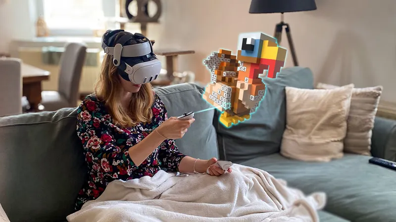 Color-A-Cube en mixed reality avec un oiseau voxel flottant devant une joueuse