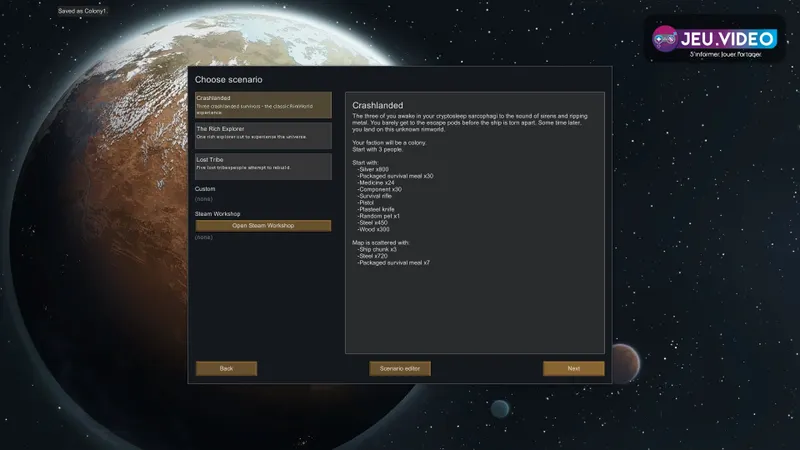 Image officielle Steam de RimWorld montrant une colonie pour préparer un départ débutant stable