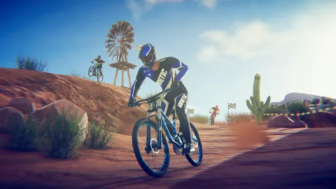 Descendeur de VTT dévalant une piste montagneuse dans Descenders, visuel officiel pour identifier le jeu avant de chercher un code PS5
