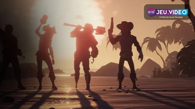 Quatre pirates de Sea of Thieves réunis sur une plage au coucher du soleil pour illustrer un équipage crossplay entre PS5, Xbox et PC