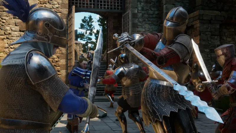 Combat de Mordhau dans une cour de château avec plusieurs alliés et adversaires, utile pour vérifier que les amis ont rejoint la même partie