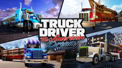 Truck Driver Steam montrant le camion américain et le logo du jeu sur fond routier