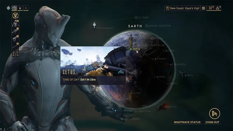 Entrada de Cetus en Warframe antes de una recompensa relacionada con la misión Saya’s Vigil