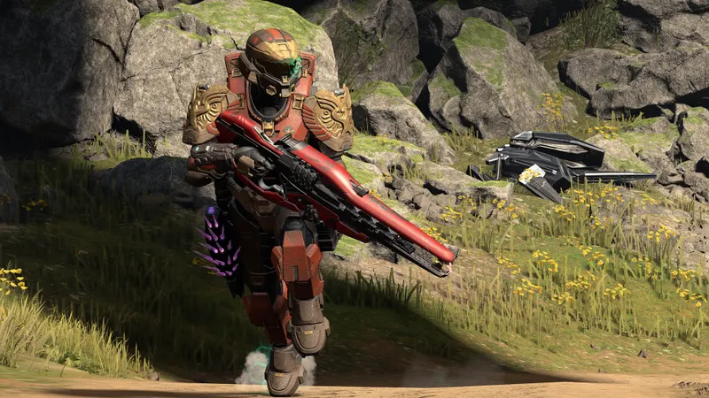 Spartan holding a long-range rifle while watching a lane in Halo Infinite