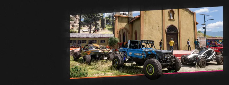 Garage extérieur de Forza Horizon 5 avec plusieurs véhicules pour décider quels doublons vendre à l’Hôtel des ventes