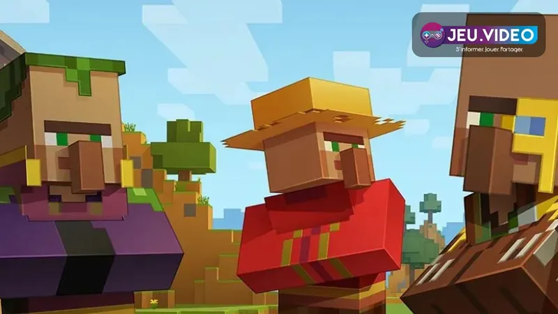 Trois villageois Minecraft exerçant des métiers différents dans une salle d’échanges.