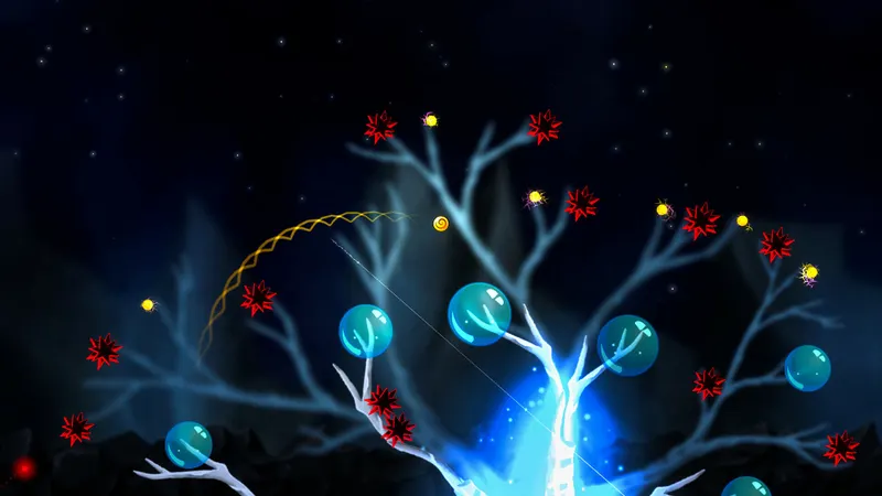Zone nocturne d’Amberial Dreams avec pics rouges et bulles bleues