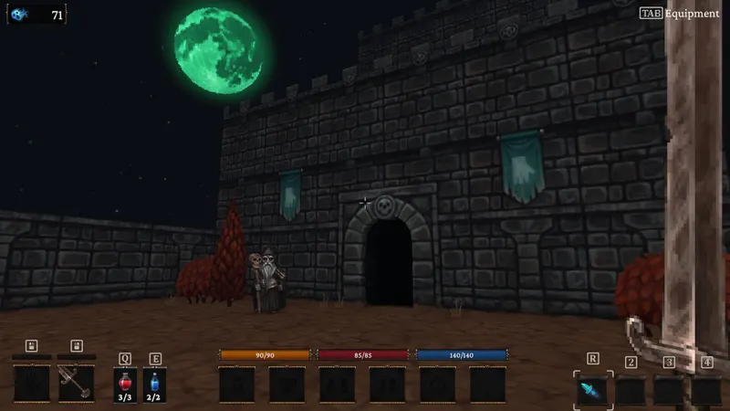 Exploration de donjon dans Bonehold avec ennemis et effets lumineux