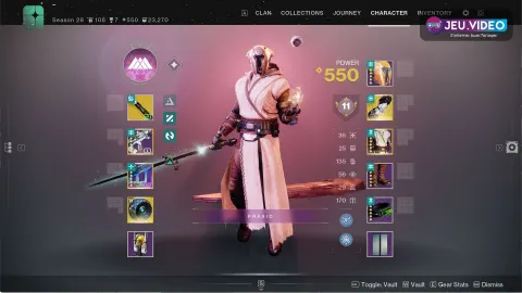 Écran de personnage Destiny 2 montrant un Gardien équipé pour équilibrer armes, armures et statistiques de build PvE