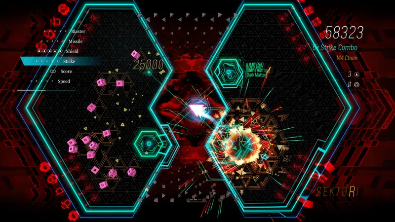Combat de Sektori avec arène néon et projectiles ennemis