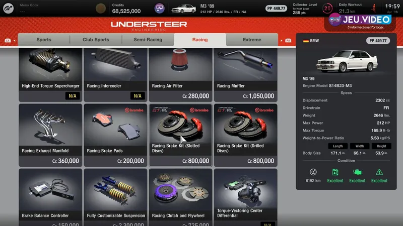 Écran du Tuning Shop de Gran Turismo 7 montrant les pièces à acheter avant de modifier les réglages voiture GT7