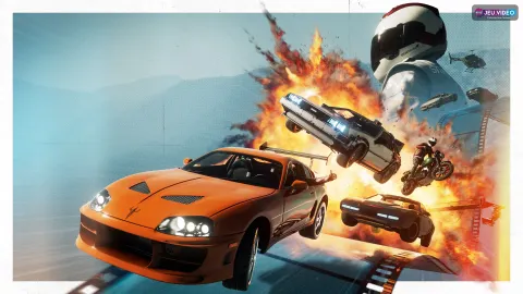 Stuntman Hollywood avec voitures de cinéma, explosions et logo officiel