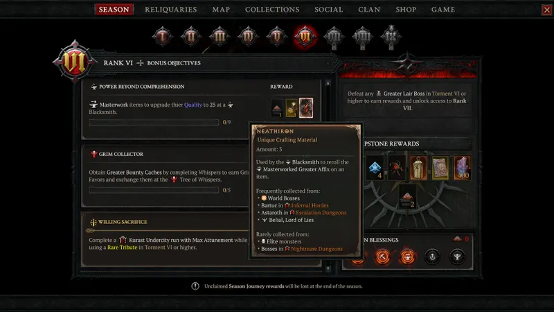 Objectifs saisonniers de Diablo IV avec récompenses de matériaux pour améliorer l’équipement