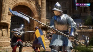 Bataille médiévale de Mordhau illustrant le jeu multijoueur entre PC, PlayStation et Xbox