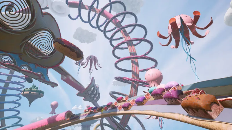 Piste inclinée colorée de Atomic Heart Trapped in Limbo avec spirales roses et trajectoire de glisse