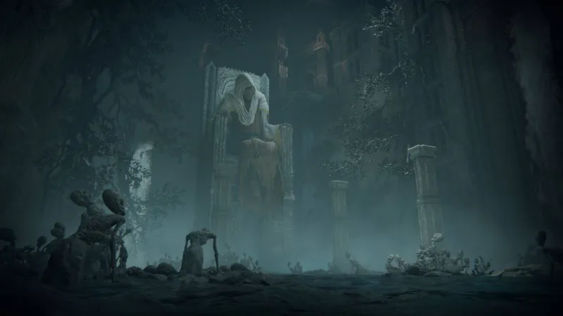 Zone brumeuse d Elden Ring avec statues pour tester le cout des volumetriques sur Steam Deck