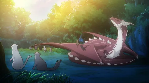 The Cat and the Dragon anime, un dragon entouré de chats magiques dans la forêt