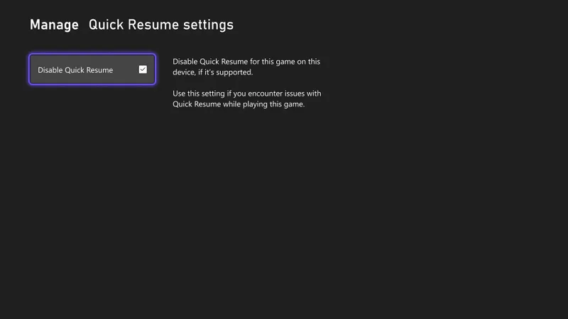 Réglage Xbox Quick Resume permettant de désactiver la reprise pour un jeu précis
