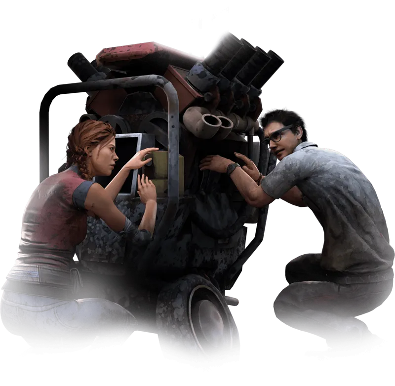 Deux survivants réparent un générateur dans Dead by Daylight pour illustrer la priorité des objectifs