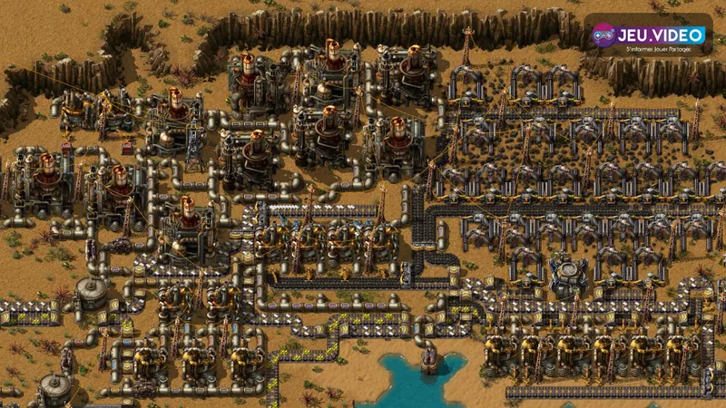 Zone pétrolière de Factorio avec raffineries usines chimiques et tuyaux pour organiser le traitement du pétrole