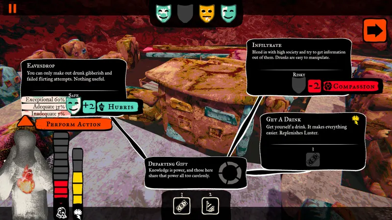 Official Joy Malignant screenshot of Visceria, representing a first session focused on choices, resources, and survival.