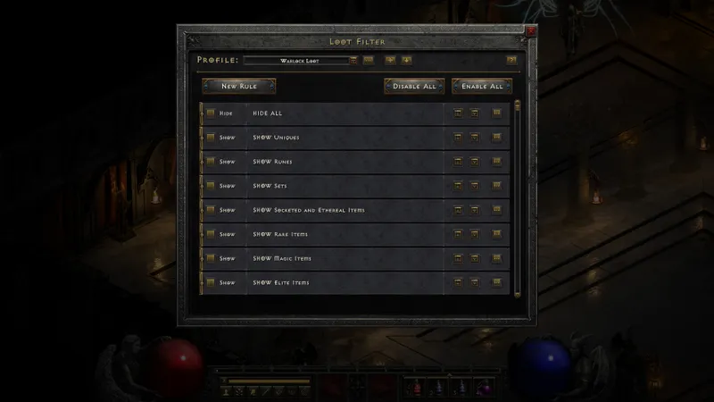Menu Loot Filter de Diablo 2 Reign of the Warlock affichant uniques runes sets objets à châsses et rares utiles