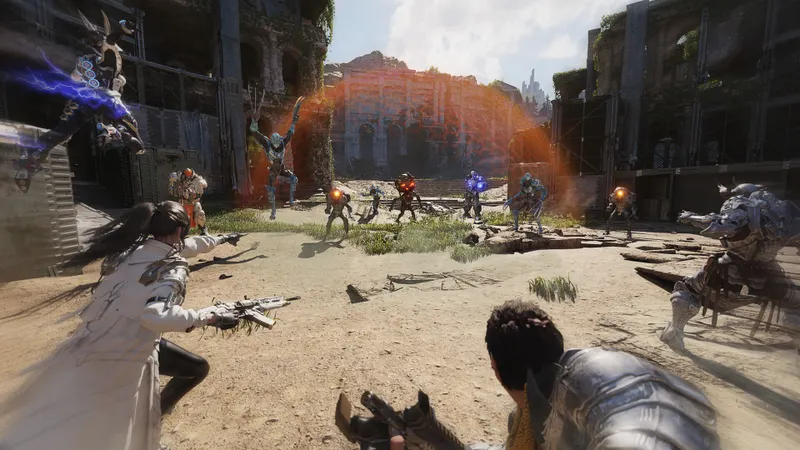 Combate contra un gran enemigo mecánico en The First Descendant