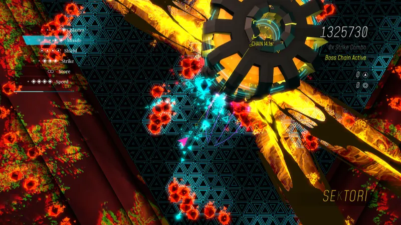 Boss de Sektori dans une arène saturée de couleurs et de projectiles