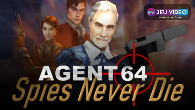 Bannière officielle d’Agent 64 Spies Never Die avec un agent armé dans un décor d’espionnage rétro.