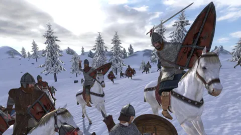 Combat médiéval de Mount & Blade : Warband montrant des cavaliers et des troupes engagées sur un champ de bataille